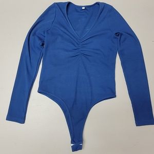 Long Sleeve Leotard Bodysuit Bodycon V Neck Solid Blue Jumpsuit Top